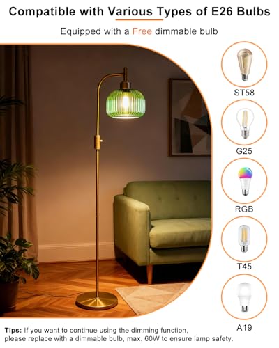 Image of Lightdot 64IN Glass Floor Lamp for Living Room, Dimmable Modern Standing Lamps with Emerald Green Ribbed Glass Lampshade&(Bulb Included), Industrial Floor Lamp for Bedroom Office /