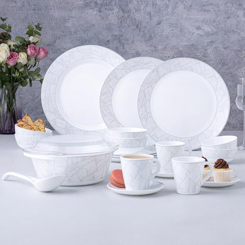 Image of Larah by Borosil 49pc Opalware Ivy Dinner Set for Family of 6 | Microwave & Dishwasher Safe Crockery Set for Dining & Gifting | Plates & Bowls