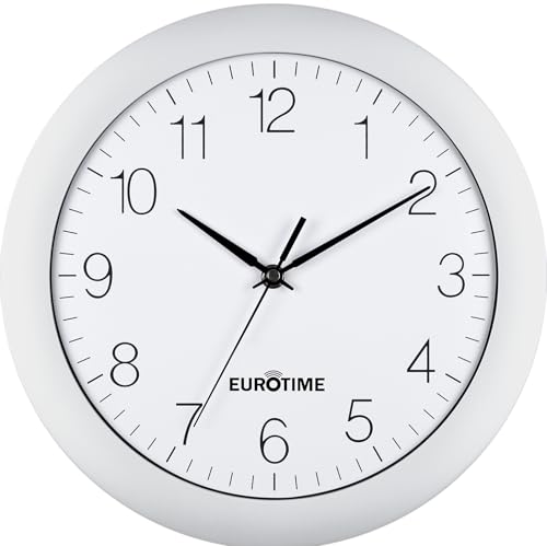 Eurotime Funkwanduhr, 30 cm, Kunststoffgehäuse,Echtglas, automatische Zeitein- und Zeitumstellung von Sommer- und Winterzeit, Wanduhr für Küche und Wohnbereich (Weiß, Funkwerk)