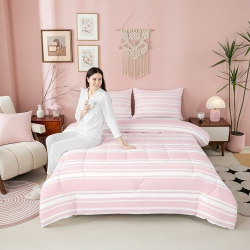 Manfei Striped Comforter Twin,Geometric Striped Pattern Bedding Set for Teens Youth Kids Boys Bedroom Decor,Pink and White Reversible Quilt Sets,Minimalist Line Art Quilt Set,2Pcs