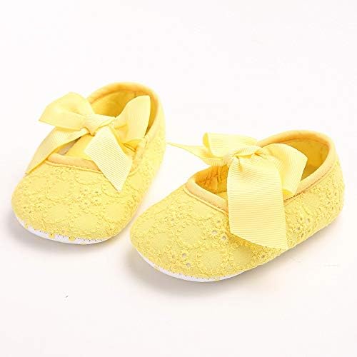 Axgo Newborn Baby Toddler Crib Christening Shoes with Lace Bowtie Soft Sole Anti-Slip, Yellow, Size 12 | Image 1