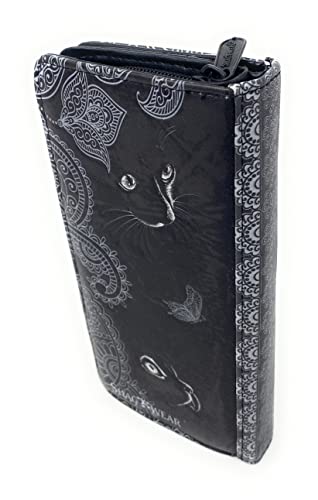 Shag Wear Shadow Cat Large Wallet for Women and Teen Girls Vegan Faux Leather Black 7"2