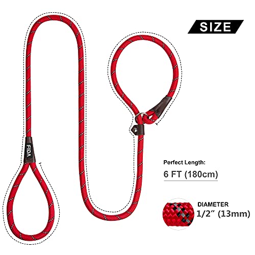 Fida Durable Slip Lead, 6 Ft X 1/2" Heavy Duty , Comfortable Strong Rope For Large, Medium Dogs, No Pull Pet Training Loop Leash With Highly Reflective, Red #TOP3