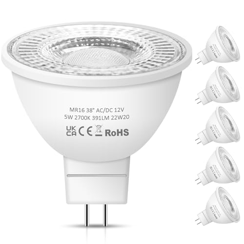 Nottac MR16 LED Bulbs 12V 5W Warm White 2700K 38 Beam Angle LED MR16 for Indoor/Outdoor Landscape Recessed Track Lighting GU5.3 Bi Pin Base 6 Pack
