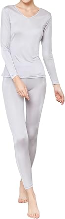 ZEEREE Womens Silk Thermal Underwear Set V Neck Mulberry Silk Long Johns Base Layer Top Bottom 2 Pcs Pajama Set