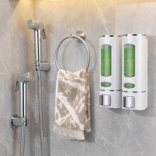 Image of ABS Health Faucet Jet Spray Gun with 1m Hose & Wall Hook | Chrome Finish Toilet Jet Spray for Bathroom Hygiene | 400ml Wall Mounted ABS Soap Dispenser + 6-Inch Stainless Steel Napkin Ring (2 Set)