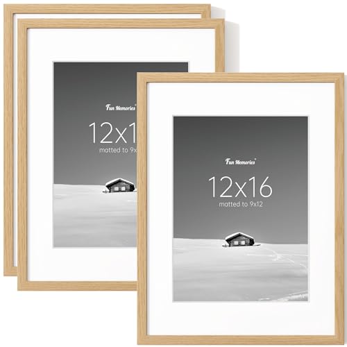 Image of Fun Memories 12x16 Picture Frame Set of 3, Display Picture 9x12 with Mat or 12x16 Without Mat, 12 x 16 Frame for Photos, Posters & Art Prints, Gallery Photo Frames for Wall & Tabletop Display, Natural