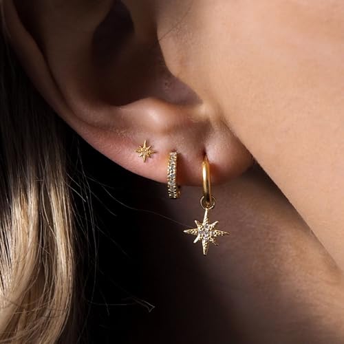 Image of Gold Plated Earrings for Women, 14k Gold Plated Earring Stack Hypoallergenic Pearl Drop Earring Dainty Earrings for Women Trendy Cute Small Huggie Hoop Earring Fashion Womens Jewelry