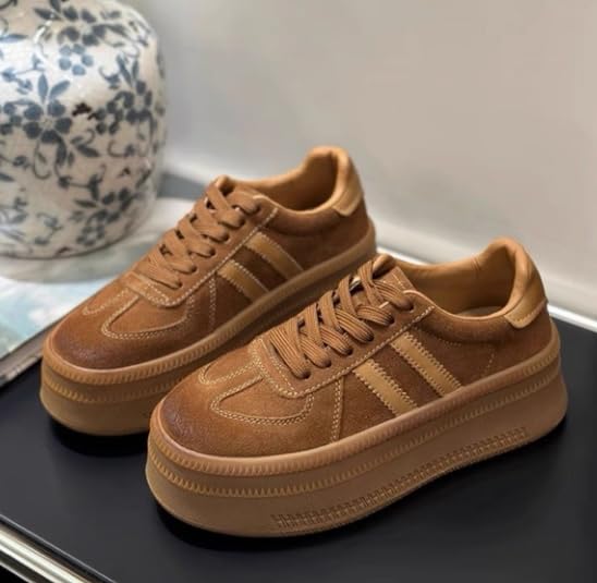Genuine Leather Chunky Sneakers for Women Round Toe Platform Thick Sole Lace-Up Suede Vintage Trainer Retro Casual Shoes3