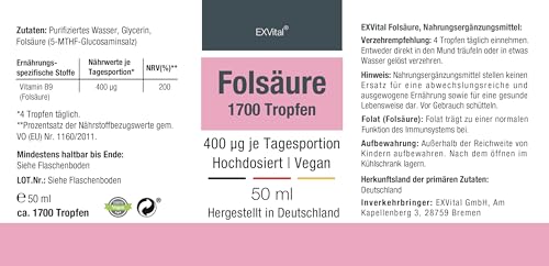 Folsäure Tropfen, 400 µg pro Tagesdosis - 50ml Flasche, SCHWANGERSCHAFT & IMMUNSYSTEM - 100% vegan, ohne Zusätze & laborgeprüft in Deutschland hergestellt