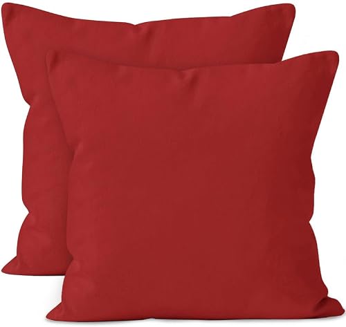 Encasa Homes Throw Pillow Cover 2pc Set - Deep Red - 20 x 20 inch Solid Dyed Cotton Canvas Square Accent Christmas Decorative Cushion Case for Couch Sofa Chair Bed & Home, Only Covers