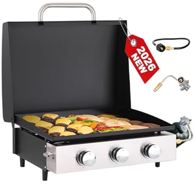GREEN PARTY 22 inch Tabletop Griddle with Ceramic Coated Cast Iron Plate, 3 Burners Flat Top Griddle, Portable Propane Gas BBQ Grill Griddle for Kitchen Outdoor Cooking Barbecue Camping Tailgating