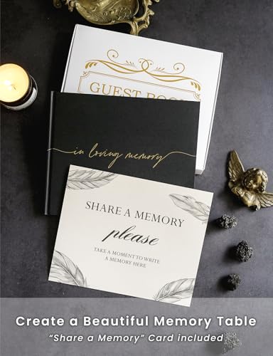 Image of Funeral Guest Book for Memorial Service, in Loving Memory 9x7.5 | 320 Entries, Table Sign Card Included, Gold Stamping, Twill-Textured Paper Cover, Celebration of Life Keepsake, Black