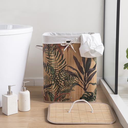 Image of HOKIPO Eco-Friendly Foldable Bamboo Laundry Basket Hamper with Lid, Large - 60 Liter, Ficus Leaves (AR-5749), Multicolor
