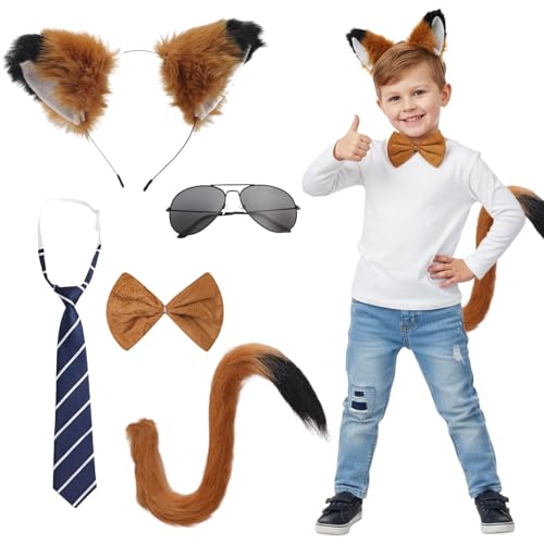 Xerteam Juego de 5 accesorios de disfraz de zorro, diadema de orejas de zorro sintético, corbatín de cola, corbatín para gafas de sol para niños y adultos, bonito disfraz de animal para Halloween