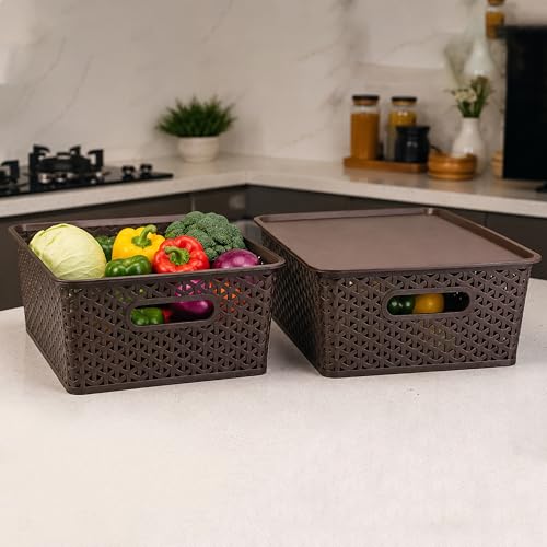 Image of JD Fresh Pack of 3 Premium Plastic Storage Basket with Lid /Smooth Handle Design & Stackable Storage Organizer /Durable Kitchen Storage Basket for Clothes, Vegetables, Fruits, Toys and Stationery(Brown)