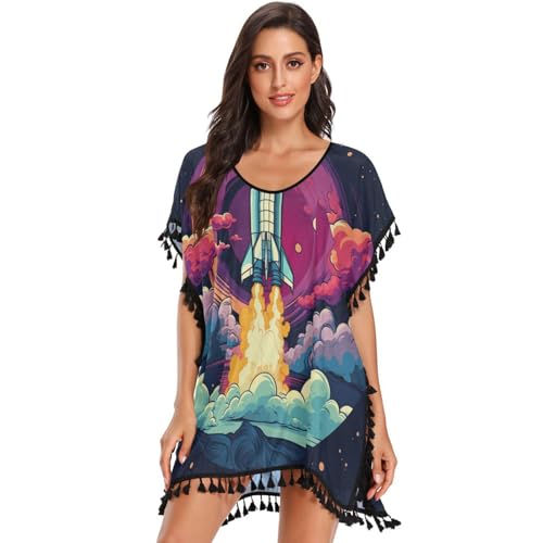 Cartoon Space Art Flying Rocket Women's Beach Cover Up Chiffon Tassel Swimwear Swimsuit Coverups for Girl