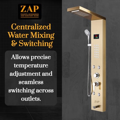 Image of ZAP X9 Gold Shower Panel System with LED Temperature Display | Rainfall Top Shower, Hand Shower, Body Massage Jets & Bucket Filler | Multi-Function Stainless Steel Bathroom Shower Unit