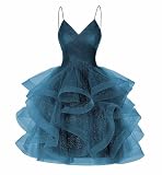 YOFF Sparkly Tulle Homecoming Dresses Short for Juniors Teal Spaghetti Straps V-Neck Tiered A-line Evening Club Party Dresses for Women 4