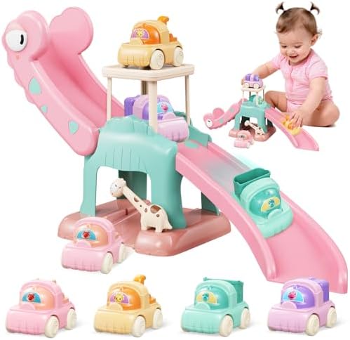 CRATIVWOOD Dinosaur Car Ramp Slide Toy for Toddlers — 4 Push Cars with Race Track, Baby Slide Indoor Toy, Montessori Learning Birthday Gift for Boys Girls 1 2 3 Year Old (Pink)