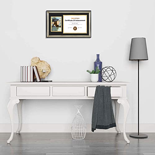 Space Art Deco, 11X19.5 Diploma Frame With Black Over Gold Double Mat For 8.5X11 Documents And One 5X7 Picture, Shatter-Resistant Glass Sawtooth Hangers Wall Mount Display (Silver And Black) #TOP6