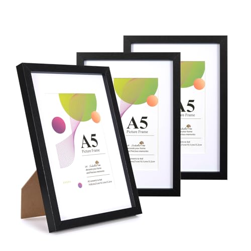 Scholar Tree A5 Black Frame, 3 Pack A5 Picture Frame, Black Picture Frames 21 X 14.8 cm, With Stand Tabletop or Wall Hanging, Wooden Photo Frames with 6x4 Mount