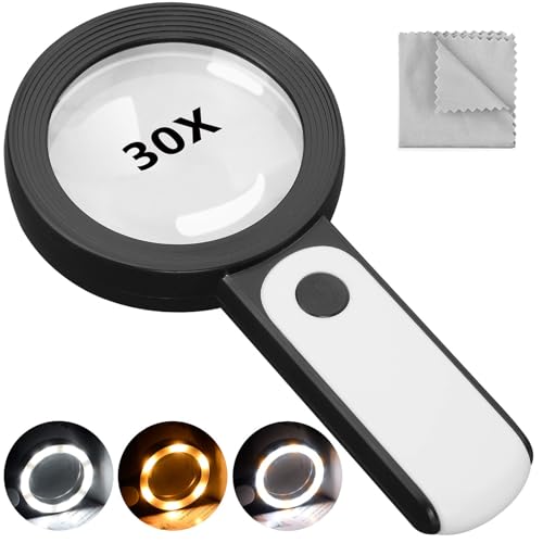 JOWILIN Magnifying Glass with Light 30X Optical Lens Handheld Magnifying Glass with 18 LED Cold/Warm Light 3 Modes HD Scratch-resistant Illuminated Magnifier for Seniors Reading Inspection