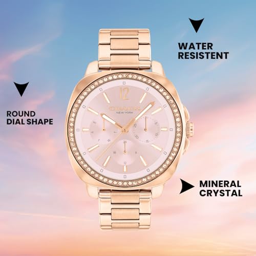 Image of Coach Kitt Qtz Multifunction Blush Tonneau Dial Women's Watch|Ionic Plated Rose Gold Steel Material|Rose Gold Color Band - 14504399