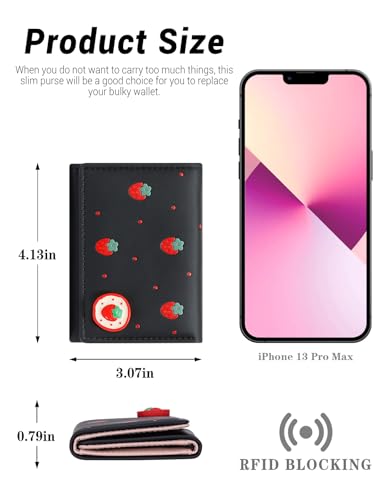 YINHEXI Wallet Women, Small Cute Womens Wallet with Fruit Pattern, PU Leather Trifold Card Holder with 7 Card Slots and ID Window (Black Strawberry)3