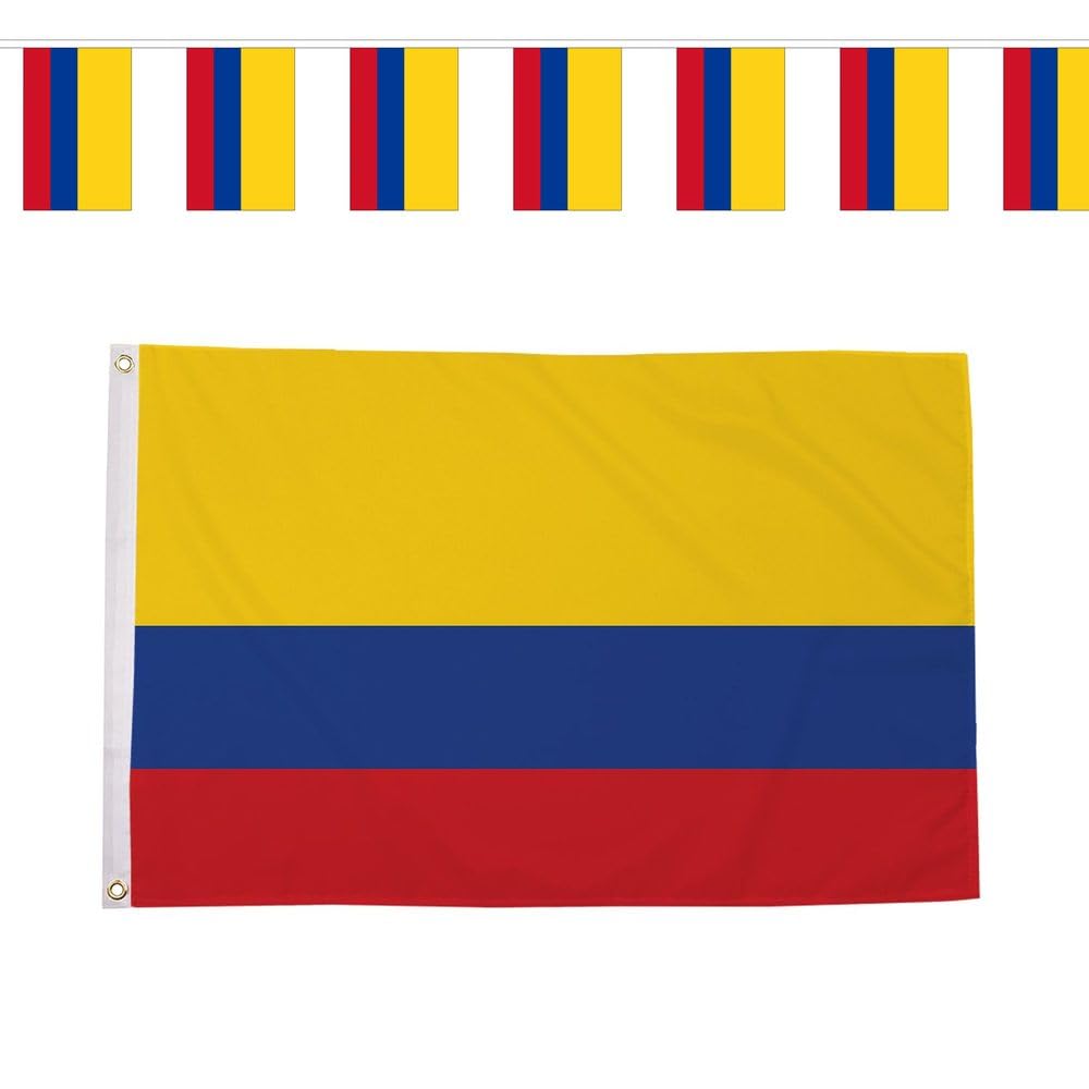 Flagtex Colombia Los Cafeteros World Cup 2026 Medium Team Bundle Includes 5ft x 3ft Premium Polyester Flag and 9m Rectangle Bunting Football Fan Pack Indoor Outdoor Decoration