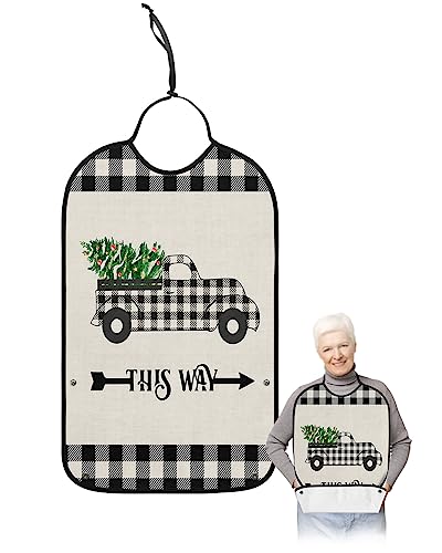 LEOKOTI Christmas Truck Adult Bibs for Eating, Waterproof Bibs with Food Catcher & Adjustable Snap Closure, Black White Plaid Xmas Tree Washable Clothing Protectors Adult Bibs for Elderly Women/Men