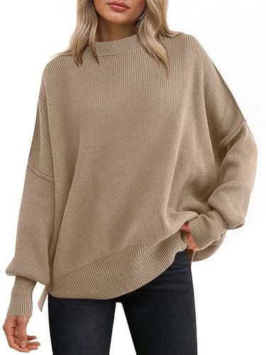 Image of ANRABESS Women Oversized Sweaters Batwing Long Sleeve 2026 Fall Outfits Crewneck Casual Knit Side Slit Fashion Pullover Top