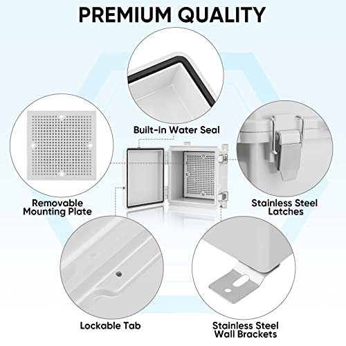 Image of TICONN Waterproof Electrical Junction Box IP67 ABS Plastic Enclosure with Hinged Cover with Mounting Plate, Wall Brackets, Cable Glands (Off-White, 5.9 inchx5.9 inchx3.5 inch)
