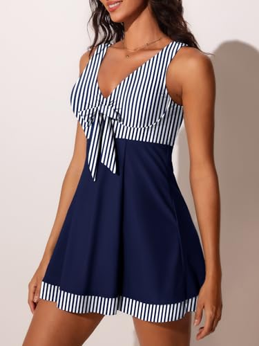 MiYang Women's One Piece High Waist Printing Swim Dress Padded Swimwear Blue Stripes Large