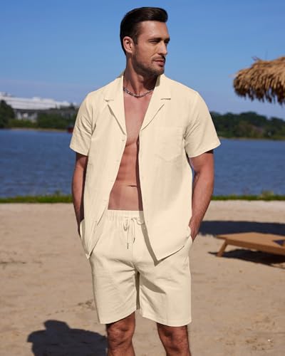 YAOHUOLE Herren 2 Stück Baumwolle Leinen Set Leinen Hemd Und Hose Herren Kurz Khaki 3XL