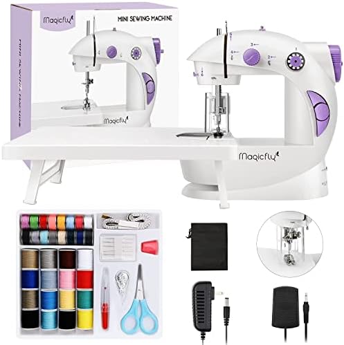 Magicfly Mini Sewing Machine with Extension Table, Dual Speed Portable Sewing Machine for Beginners with Light, Sewing Kit for Household Use, White