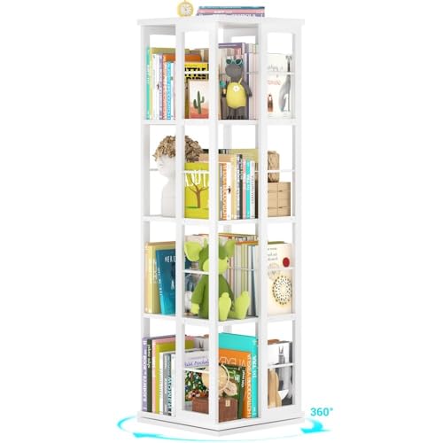 NOAEOU Bookshelf, Rotating 4-Tier Corner Bookcase - 360° Revolving Wood Display Shelf, Narrow Floor-Standing Organizer Rack for Small Spaces, Study Room, Living Room -Spinning Storage for Books
