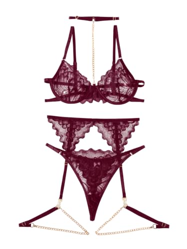 Image of Lilosy Sexy Choker Floral Lace Scallop Sheer Underwire Push Up Garter Belt Lingerie Set 3 Piece