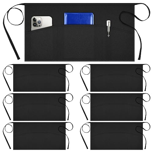 Image of Syntus 6 Pack Server Apron with 3 Pockets for Men Women, Black Waist Apron | Machine washable, Polyester, Waterdrop resistant, Long Strap, Adjustable Fit, Spacious Pocket, Customized, Easy to Care