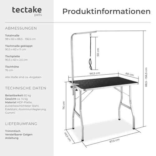 tectake® Haustier Trimmtisch, Frisiertisch Hund und Katze, Pflegetisch, Hundefriseur Zubehör, Dog Grooming, mit Galgen, Groomer Tisch klappbar, Schertisch Hund gummiert und Kratzfest - schwarz/grau