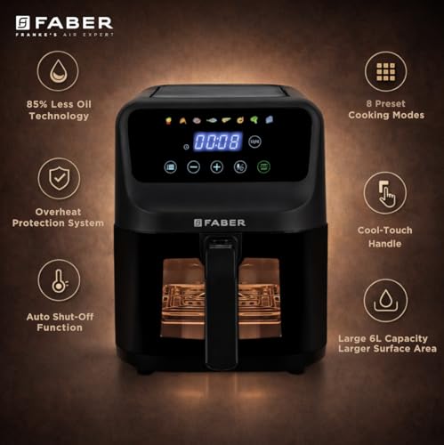 Image of Faber 6L 1500W Digital Air Fryer | Fry, Bake, Roast | 85% Less Oil, 200C Swirl Heating Technology |8-Preset Menu|View Window|Touch Control Interface| Auto Shut-Off |2 Yrs Comprehensive warranty|Black