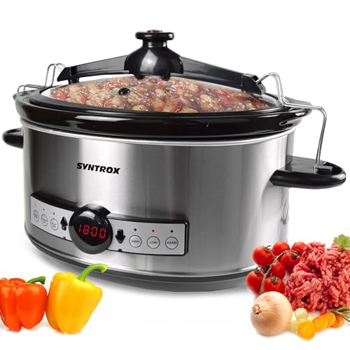 Syntrox 6,5 l Slow Cooker | Schmortopf | Schongarer | Multikocher Stosax, Keramikinnentopf, Warmhaltefunktion, mit Timer, küchenzubehör, Multifunktionaler Küchenhelfer