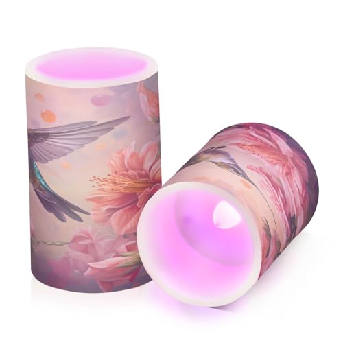 Image of senya Lights Flameless Candles Spring Pink Flower Hummingbird Pillar Candles Set of 2 Battery Operated Remote Control Warm Lights Home Decor