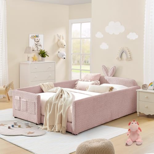 Image of Full Size Kids Bed with Rabbit Ear Headboard, Upholstered Boucle Fabric Full Daybed with Slats Support & Side Pockets, Space-Saving Wooden Corner Sofa Couch Bed Frame for Girls, Boys, Teenager(Pink)