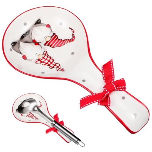 UPKOCH Supporto Per Cucchiaio Da Cucina in Ceramica Con Fiocco Bianco Poggia Mestolo Natalizio Per Stoviglie Pulite E Decorazione Tavola 9.25X4.72X1.06 Pollici