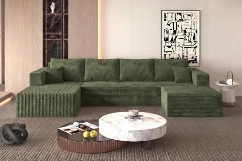Image of 118 inch Modular Sectional Sofa with Chaise & Ottoman,Oversized U-Shaped Corduroy Cloud Couch,Deep Seat Boneless Couch for Living Room,No-Assembly,Green(Left Facing Chaise)