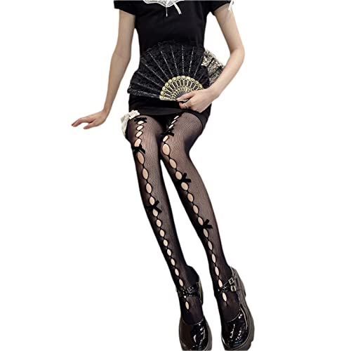Image of SOLILOQUY Women Y2K Lolita Sheer Tights Bow Knot High Waist Footed Pantyhose Stockings See-Through Stretchy Leggings