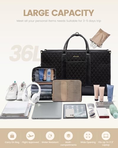 LOVEVOOK Travel Weekender Bags for Women, Quilted Carry On Duffle With Laptop Compartment Airplanes Approved, Large Overnight Bag with Toiletry Bag for Hospital Labor and Delivery, 4 Pcs Set, Black2