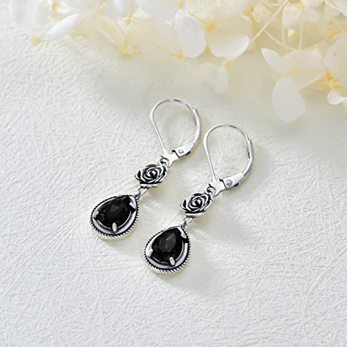 Vintage Rose Leverback Earrings 925 Sterling Silver Oxidized Retro Antique Dangle Earrings with Crystal from Austria, Valentine Wedding Jewelry Gifts for Women3