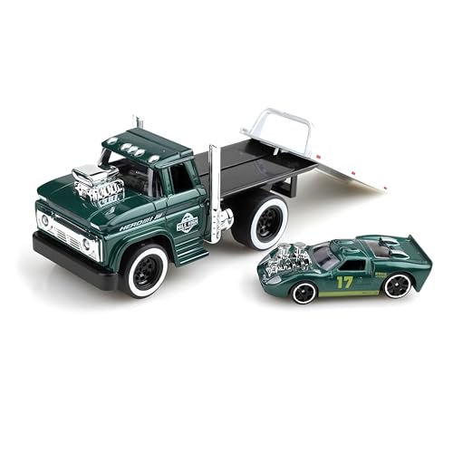 Elementoy Flatbed Tow Truck Toy Rollback 1:64 Scale Diecast Model Car Hot Rod, Muscle Trailer Series 2 in 1 Vehicle Playset Truck and Trailer Toys for Boys Girls and Collectors (Green)